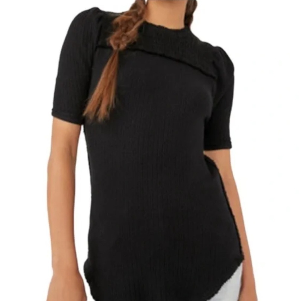 We The Free Black Ribbed Short Sleeve Top with Textured Yoke